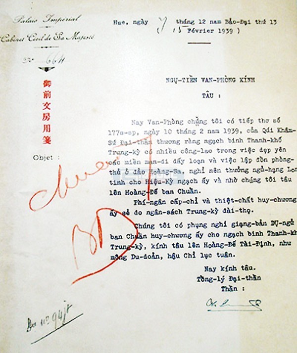 Một tờ châu bản triều Nguyễn, Bảo Đại năm thứ 13 (1939) liên quan đến đảo Hoàng Sa